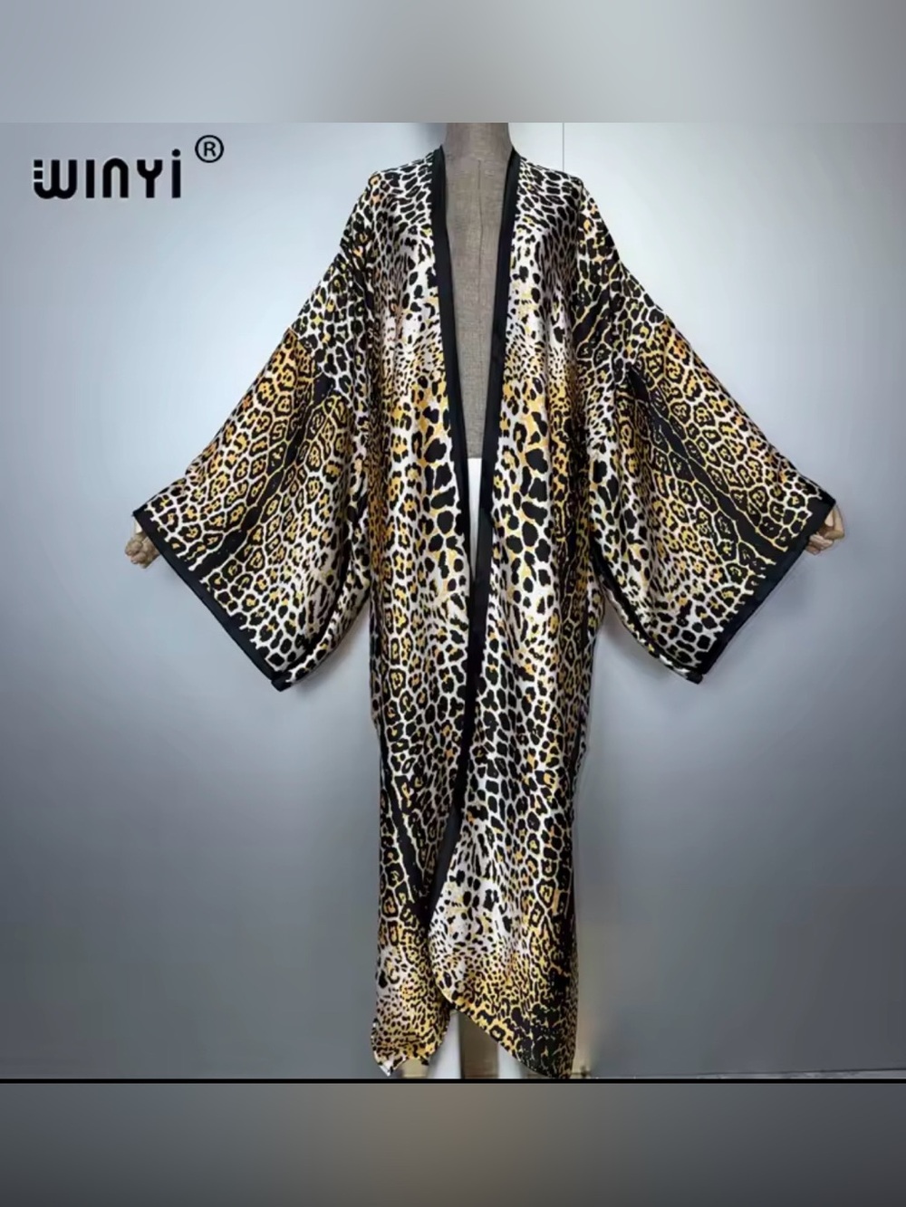 Leopard Print Satin Kimono Robe - Gold/Black